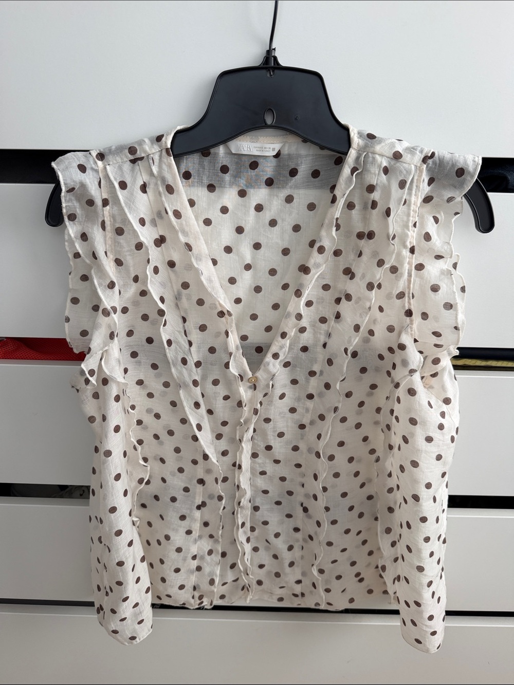 ZARA Cream Sleeveless Polka Dot Blouse with Brown Dots